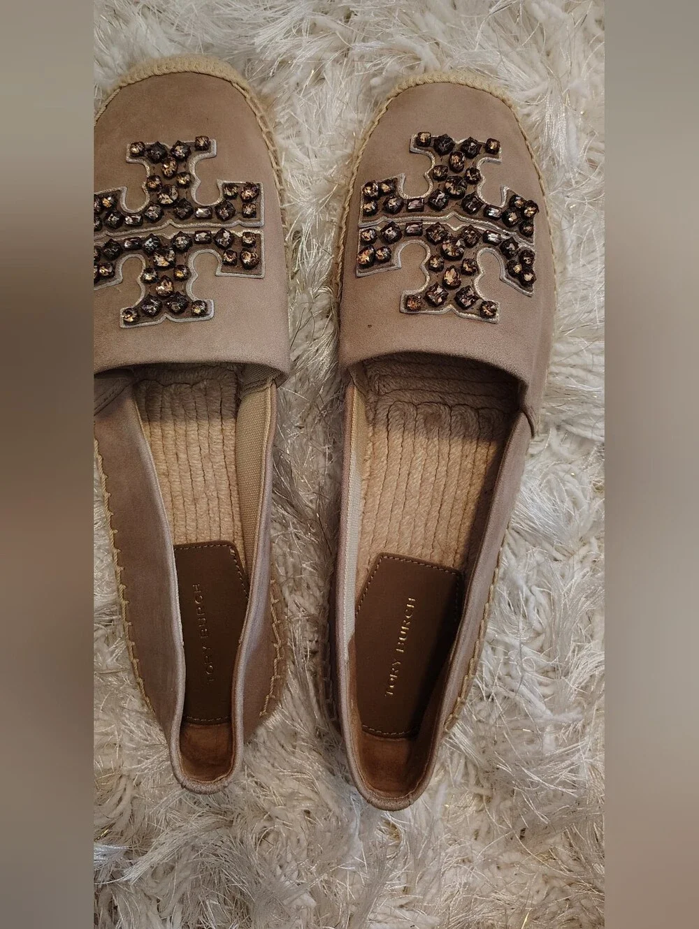 Tory Burch Beige Suede Espadrille Slip-Ons with Embellished Logo New never Worn